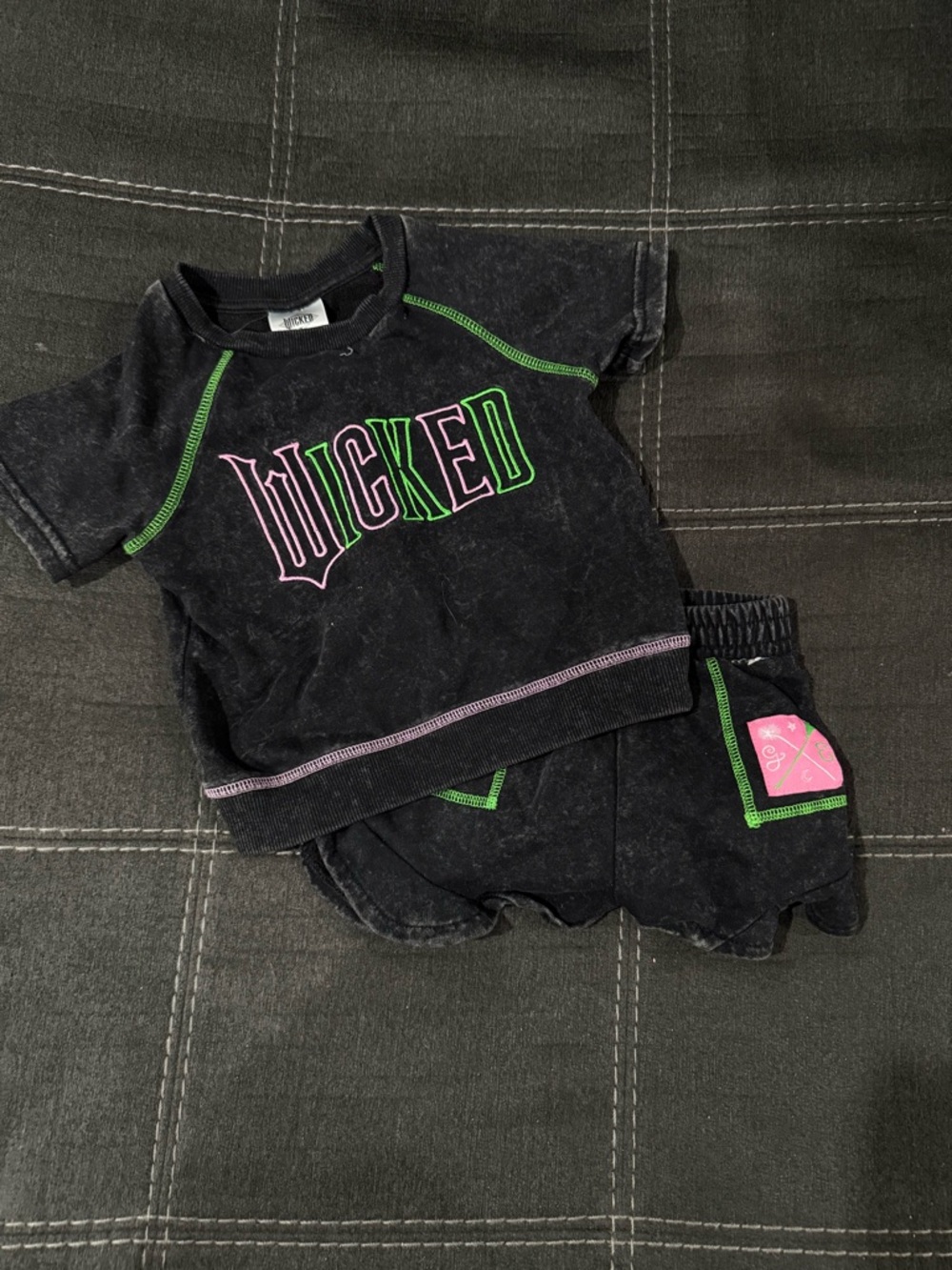 Black 'WICKED' Two-Piece Shirt and Shorts Set with Neon Green and Pink Trim